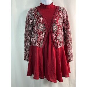 Altar'd State‎ Womens D Mini Dress Top Red Floral Mock Neck Fairy Whimsy Goth